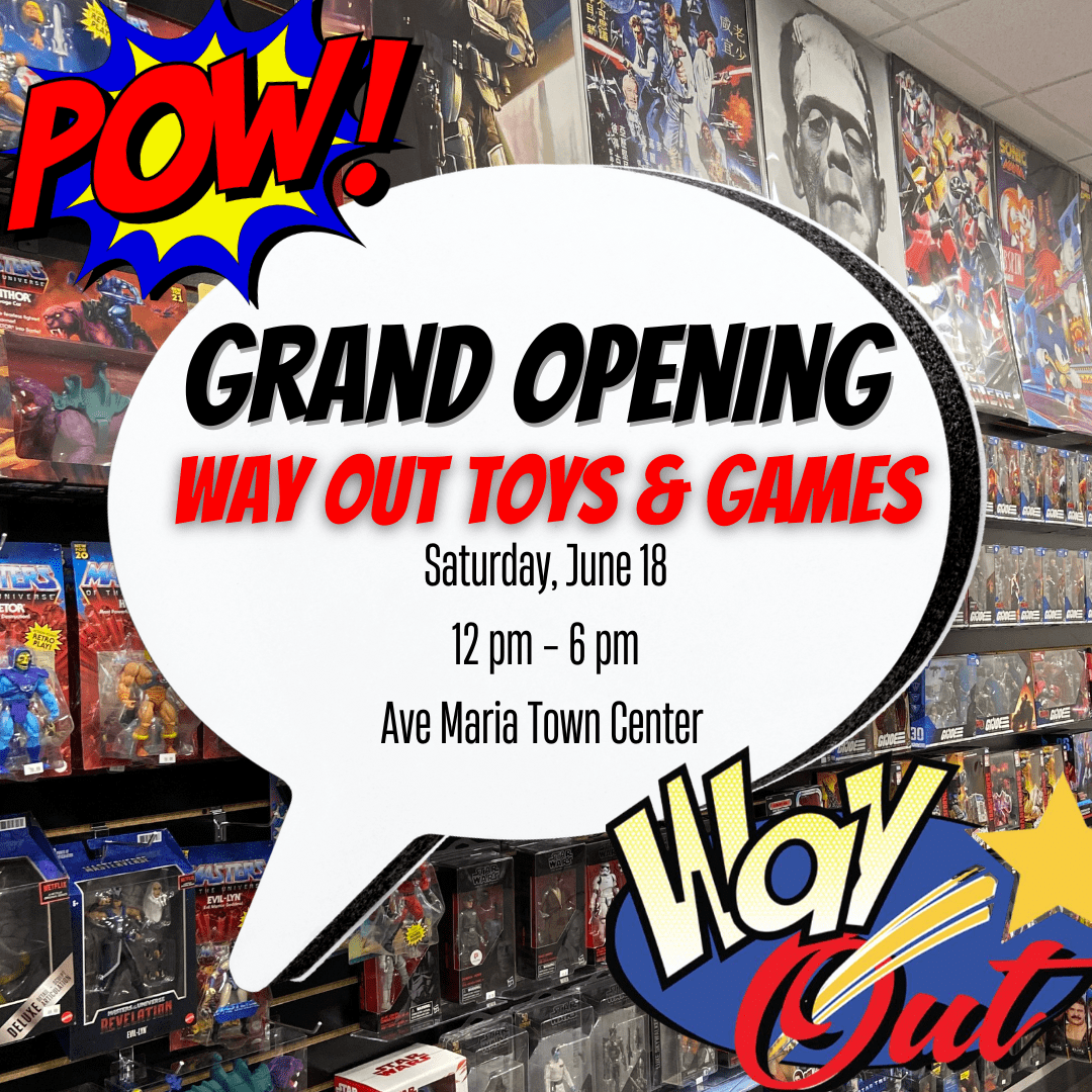 Grand Opening flyer for Way Out Toys & Games