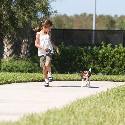Young girl running with dog at park