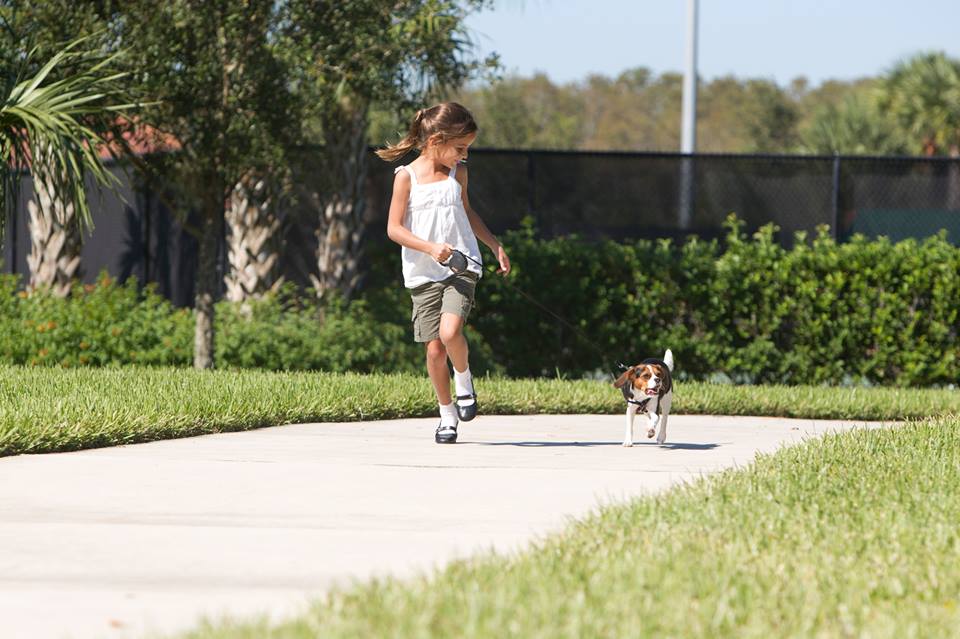 Young girl running with dog in park