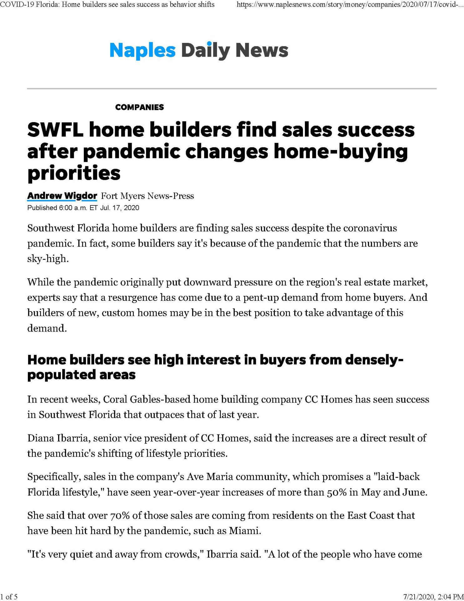 Naples Daily News Article, CC Homes, Maple Ridge at Ave Maria, Florida