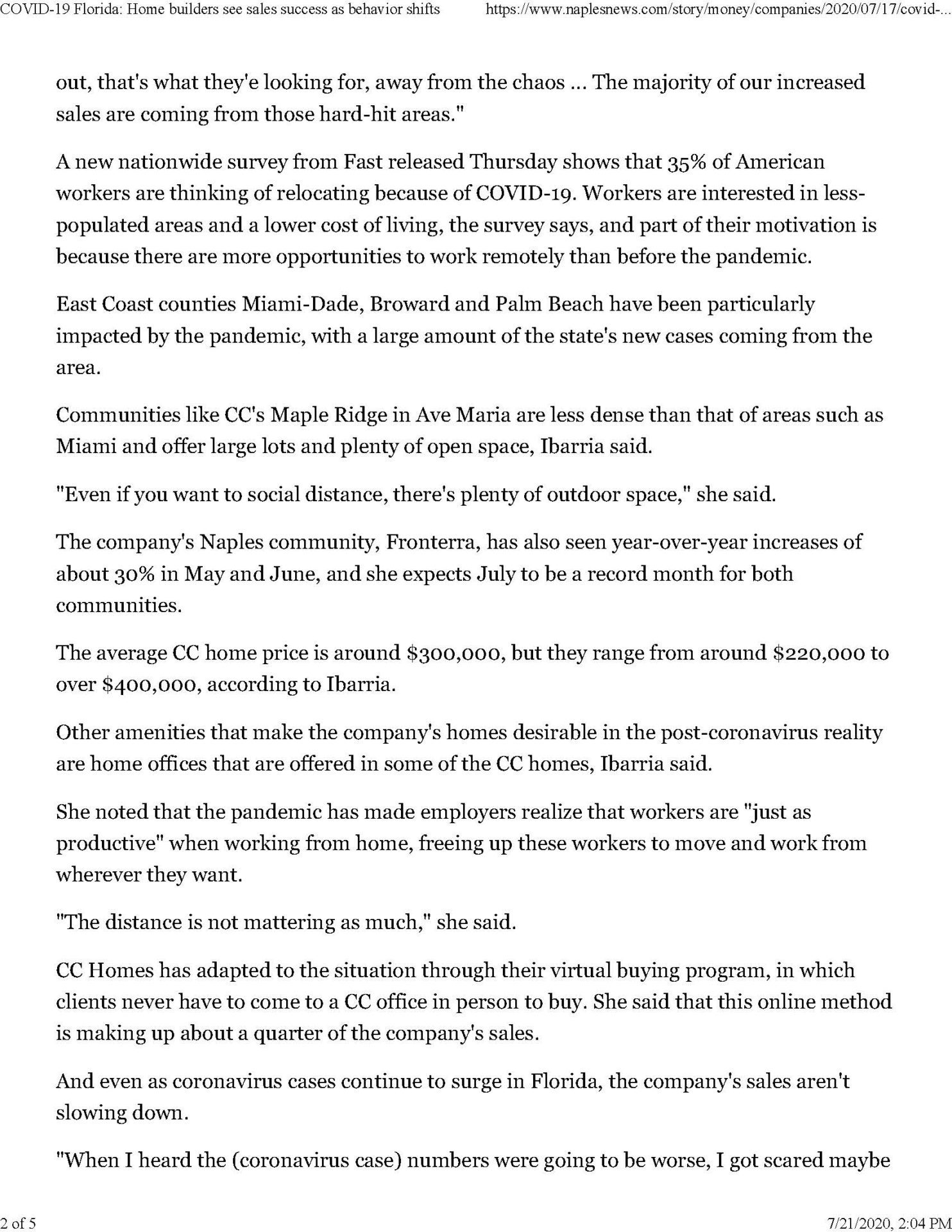 Naples Daily News Article, CC Homes, Maple Ridge at Ave Maria, Florida