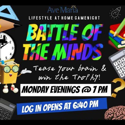Virtual Game Night, Battle of the Minds Flyer, Ave Maria Florida