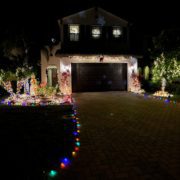 Home decorated with many Christmas lights