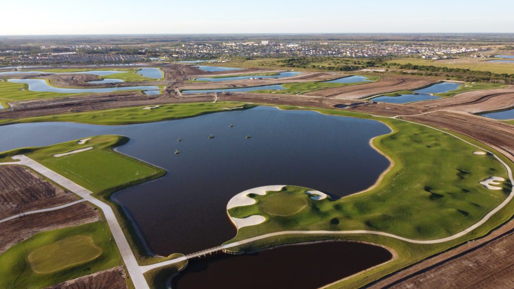 Aerial of The National Golf & Country Club by Lennar, big pond, hole 1 and 9