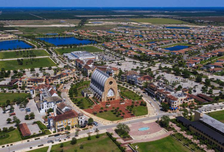 Aerial photo of Ave Maria Town Center, 2021