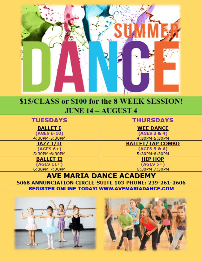 Summer Dance Classes Flyer at Ave Maria Dance Academy