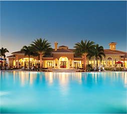 Pool and club house at dusk