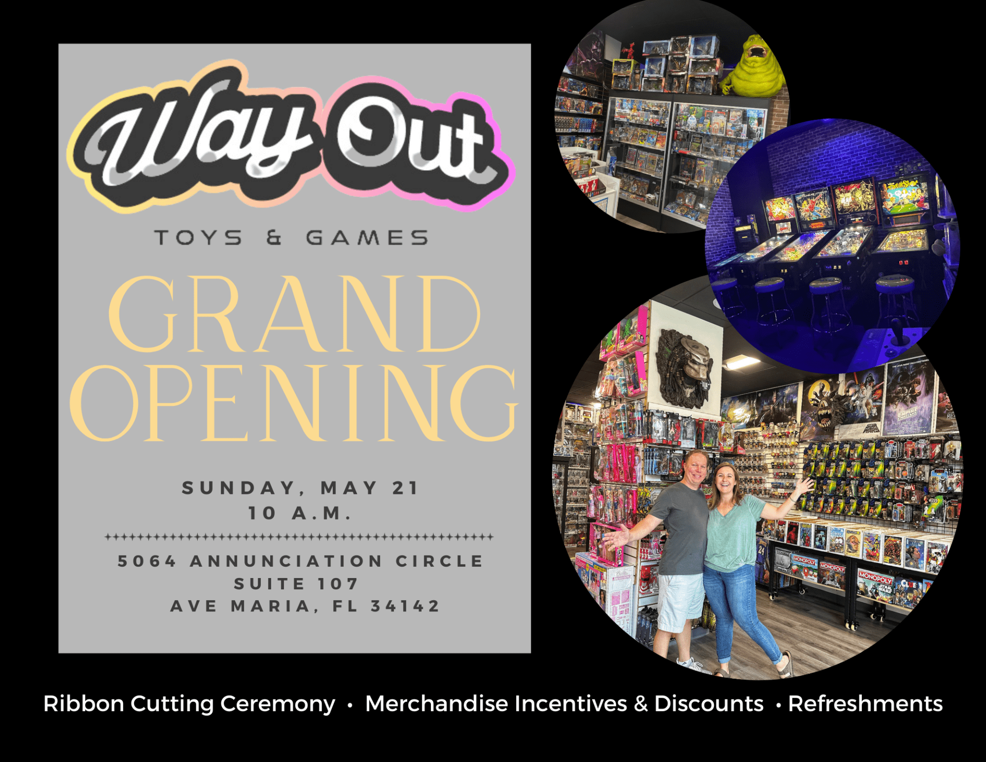 Way Out Toys & Games grand opening flyer for May 21, 2023