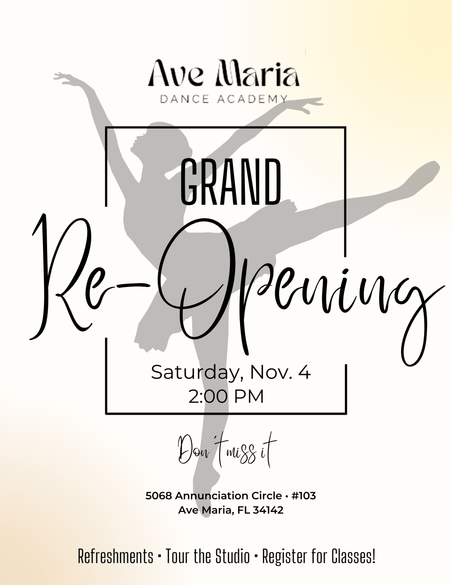 2024 Ave Maria Dance Academy Re-Grand Opening Flyer