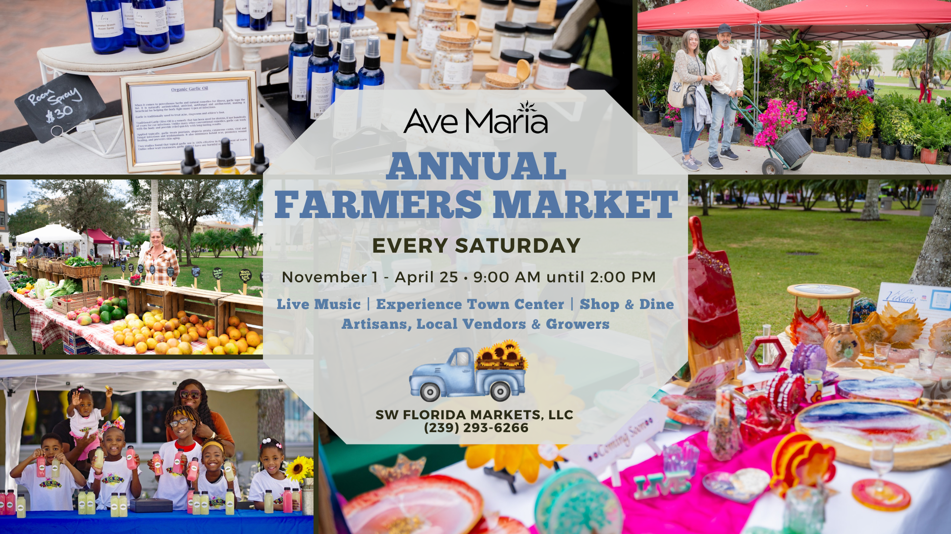2025-26 Ave Maria Farmers Market & Live Music Collage with supporting text