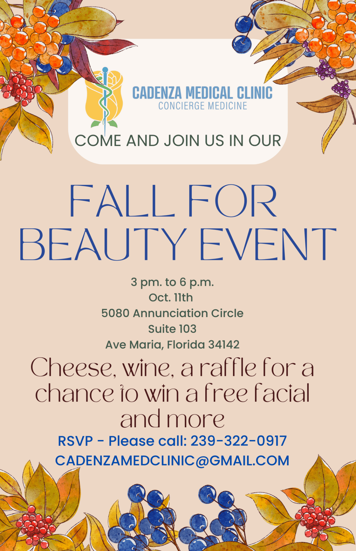 Fall For Beauty event flyer by Cadenza Medical Clinic