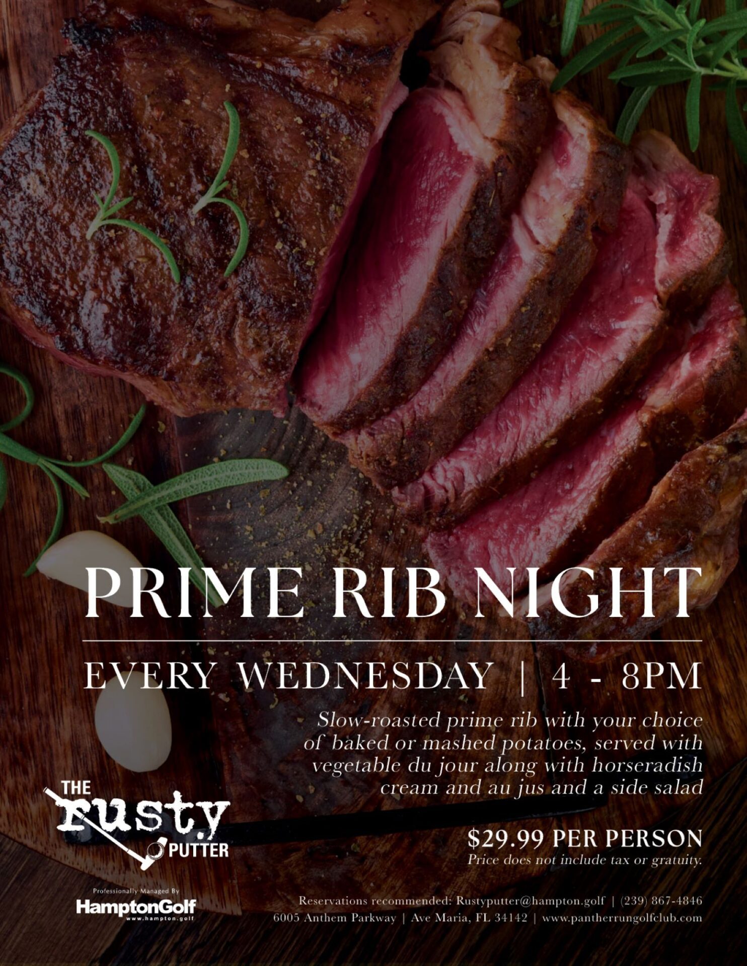 Prime Rib Night, Every Wednesday at The Rusty Putter