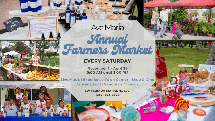 2025-26 Ave Maria Farmers Market & Live Music Collage with supporting text