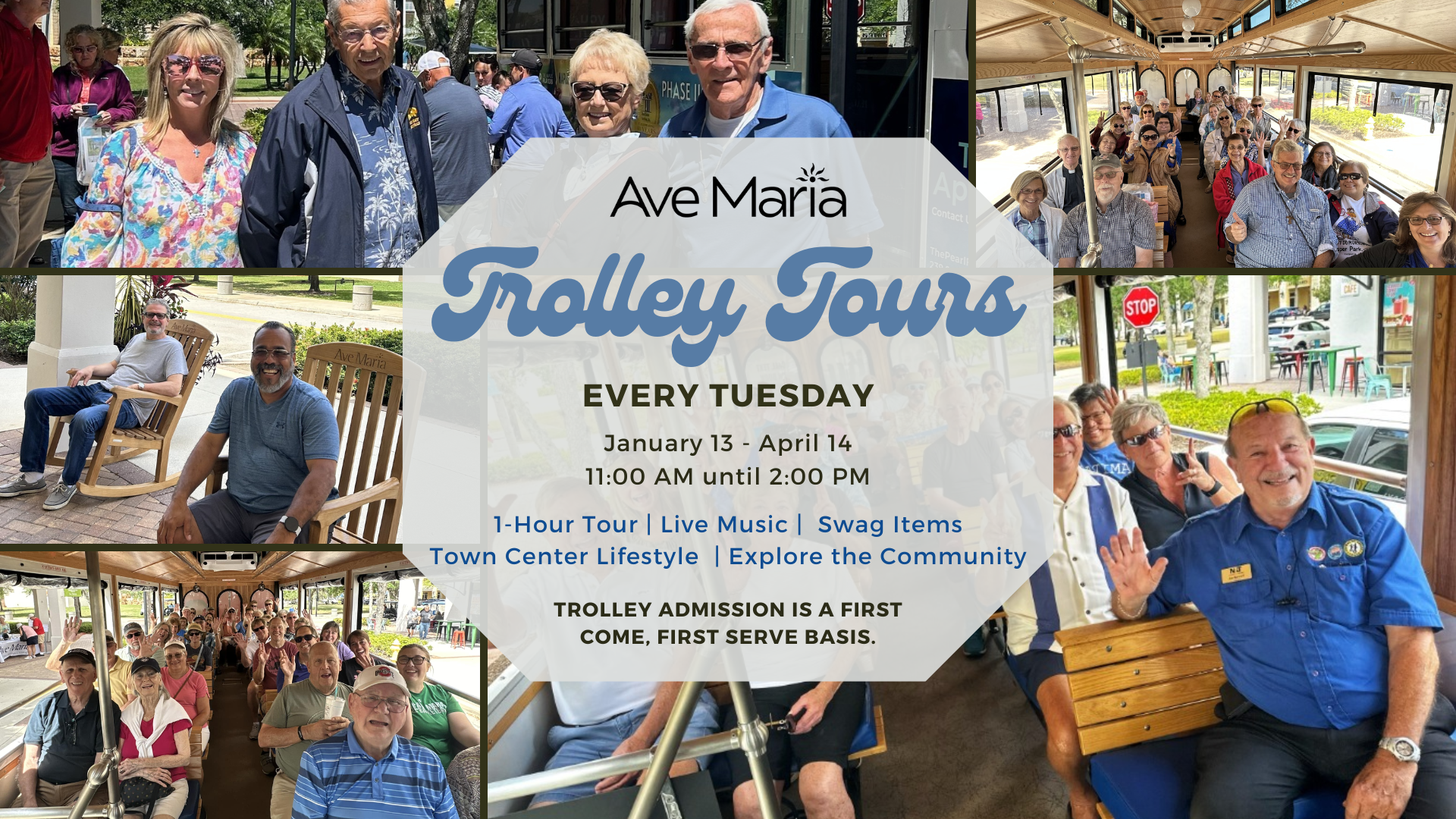2025-26 Ave Maria Trolley Tours Collage with event call-outs
