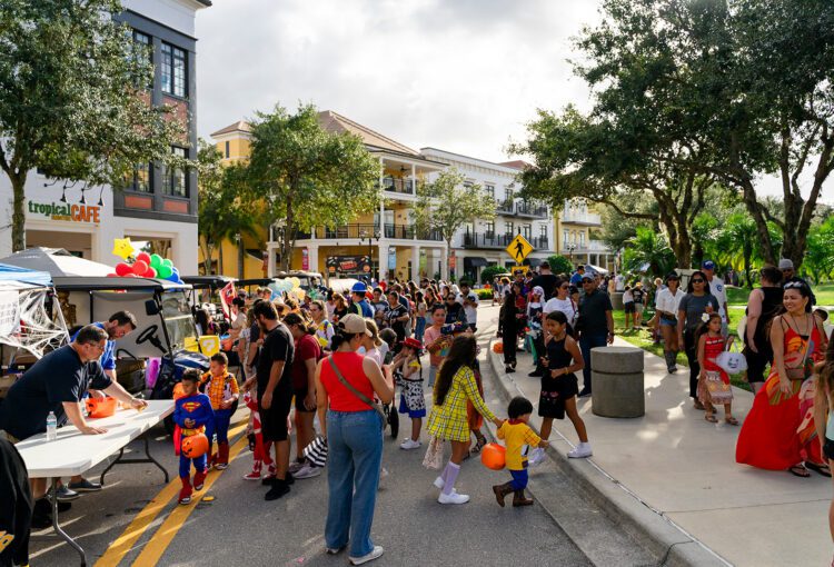 Crowd of Trunk or Treat attendees in the Ave Maria Town Center
